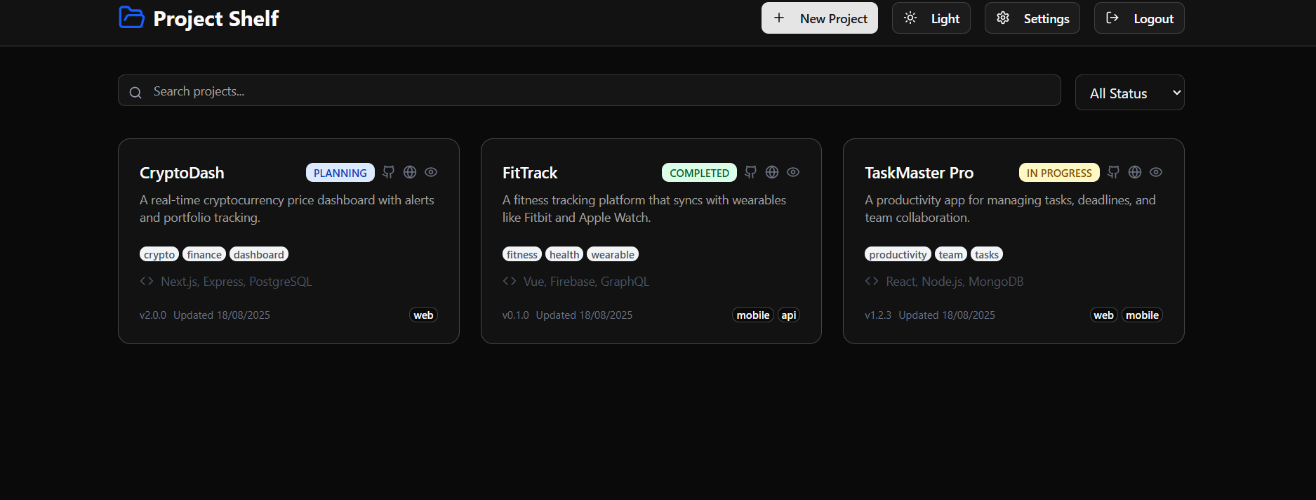 ProjectShelf Dashboard Preview